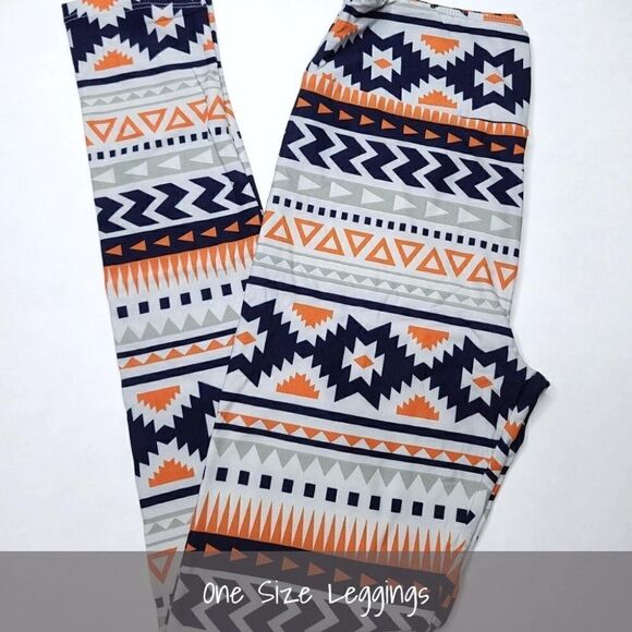 LuLaRoe OS Leggings Aztec Navy Blue Orange Grey Unicorn NEW - Picture 1 of 1
